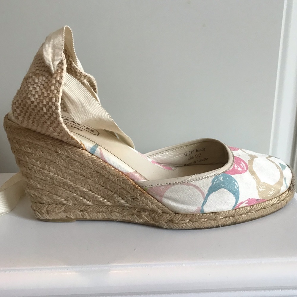 Coach Logo "Mindy"  Espadrille Wedges with Ankle Ties Size 9 - Picture 5 of 13